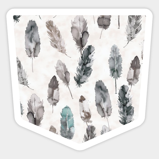 Pocket - WATERCOLOR BOHO FEATHERS TEAL AND GREY Sticker by ninoladesign